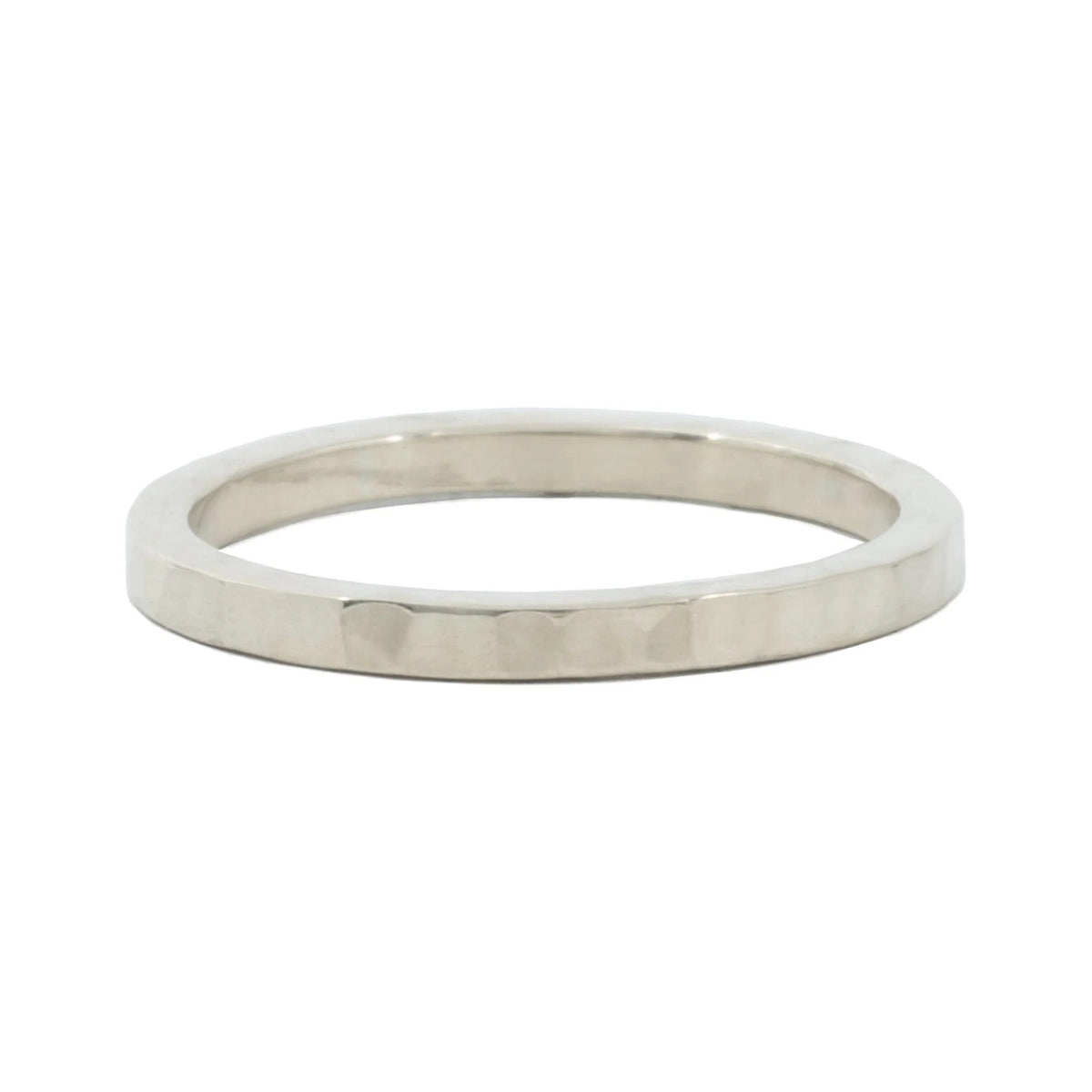Hammered 2mm sterling silver wedding band with hammered texture, front view