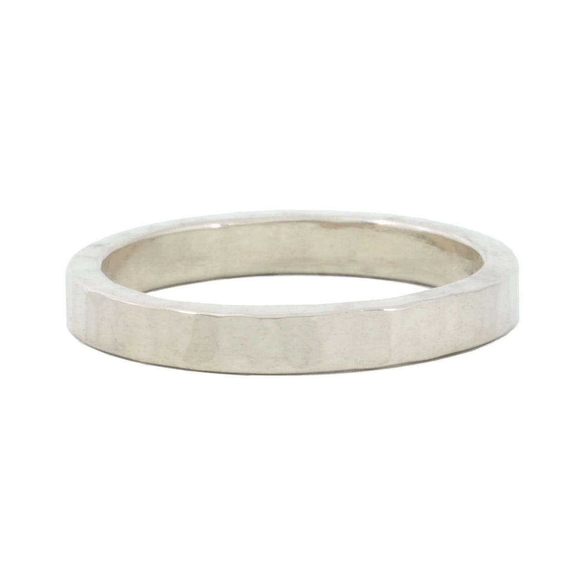 Hammered 3mm sterling silver wedding band with hammered texture, front view