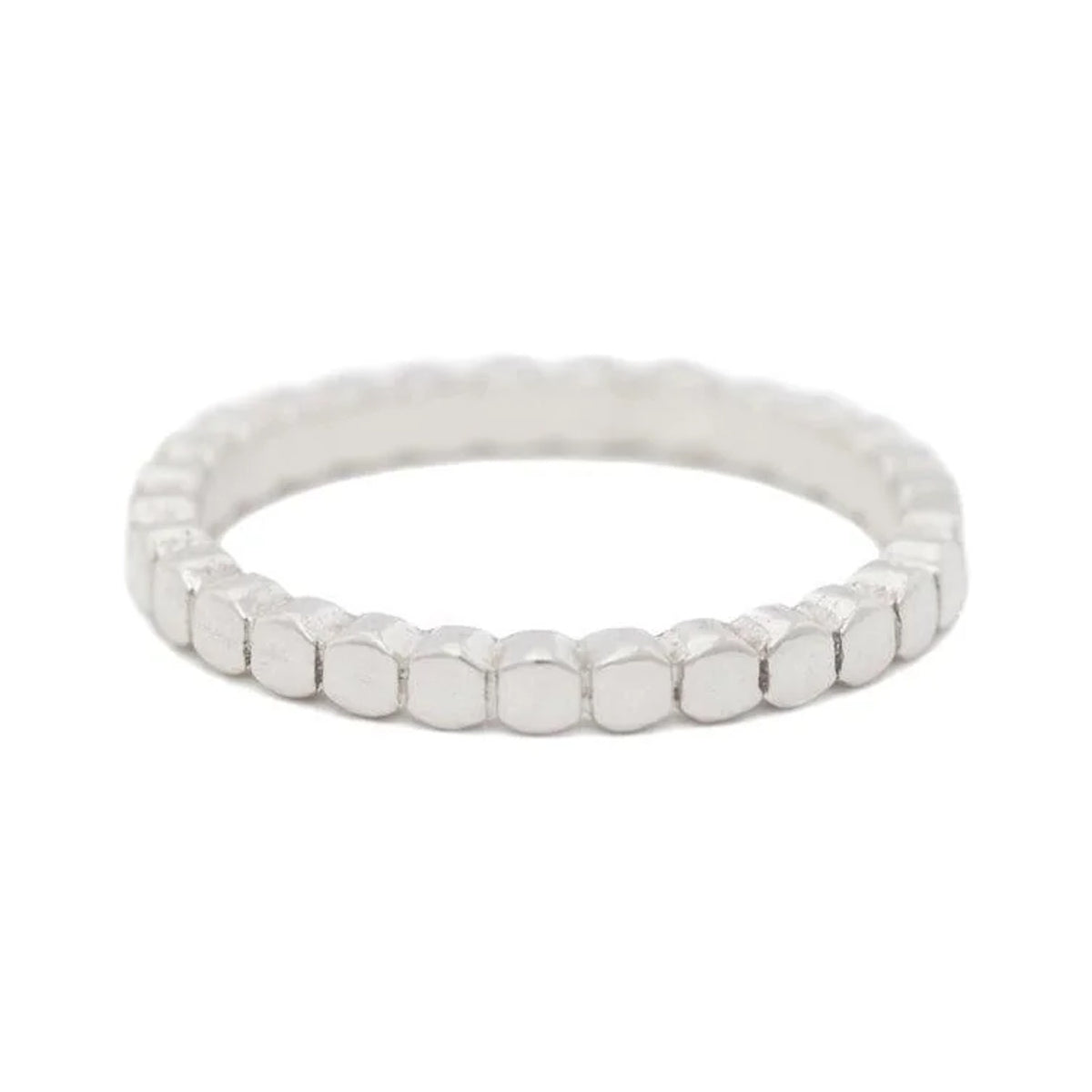 Honeycomb ring in sterling silver with a segmented honeycomb pattern, front view