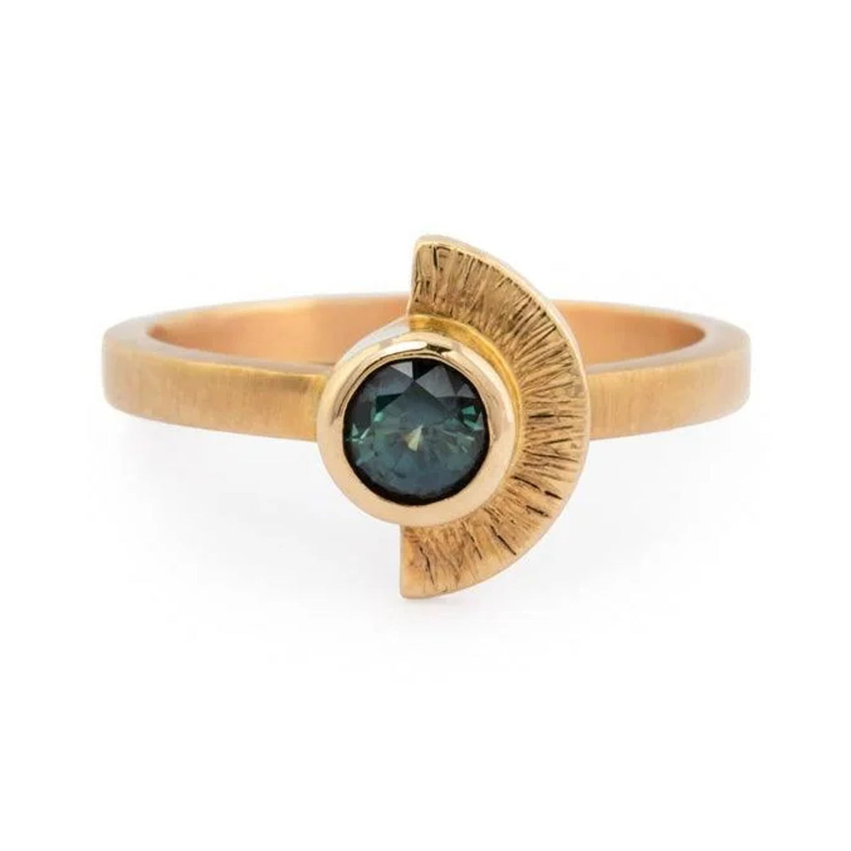 Isabelle ring in 14k gold with a bezel-set round sapphire and textured half sunburst, front view
