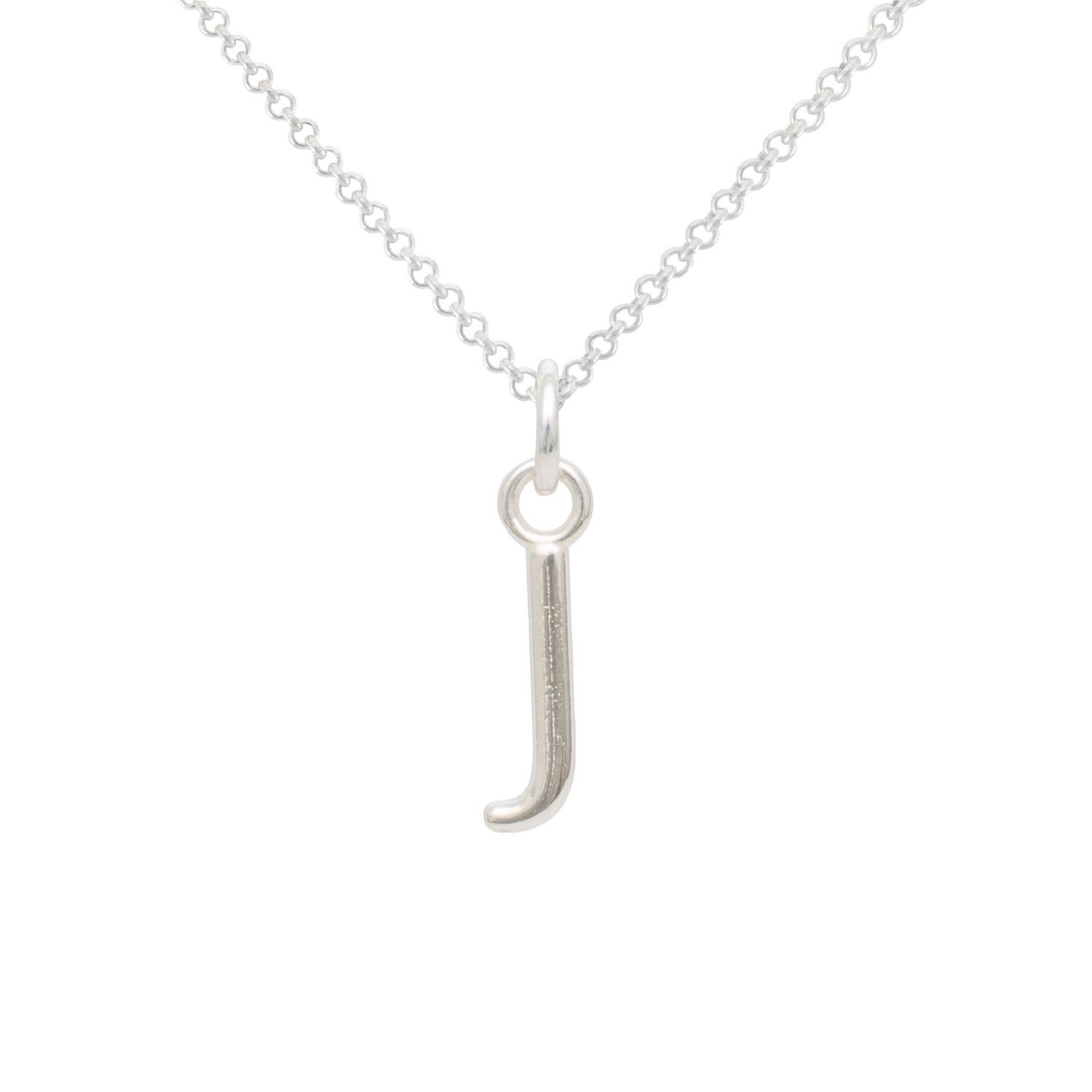 Silver necklace with a 'J' pendant on a white background