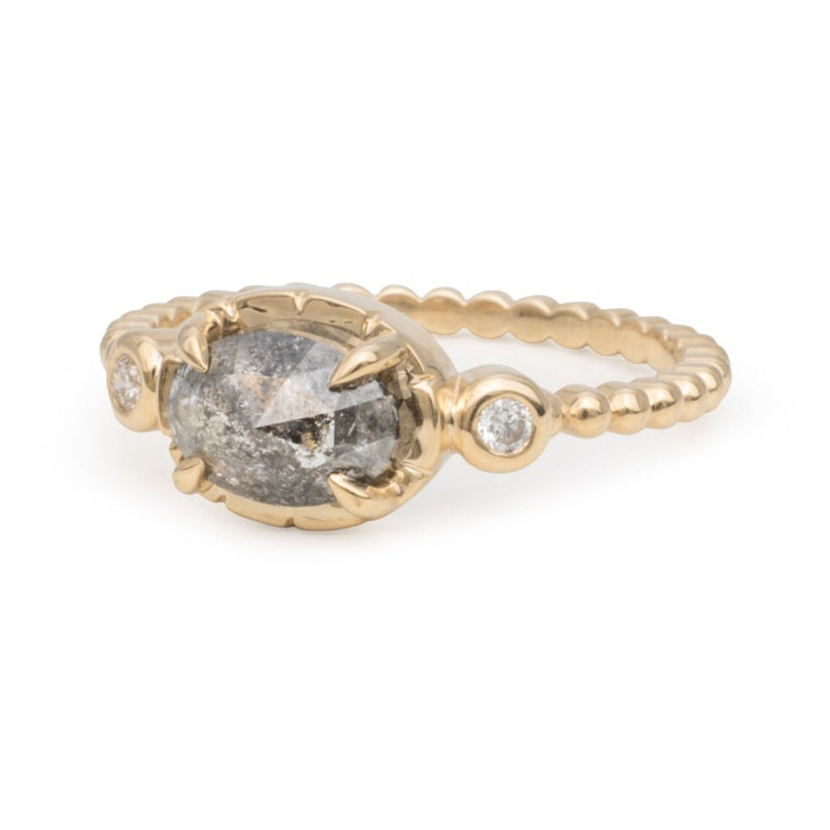 Jane ring with a 1.2ct rose cut oval salt and pepper diamond and two diamond accents on a beaded 14k gold band