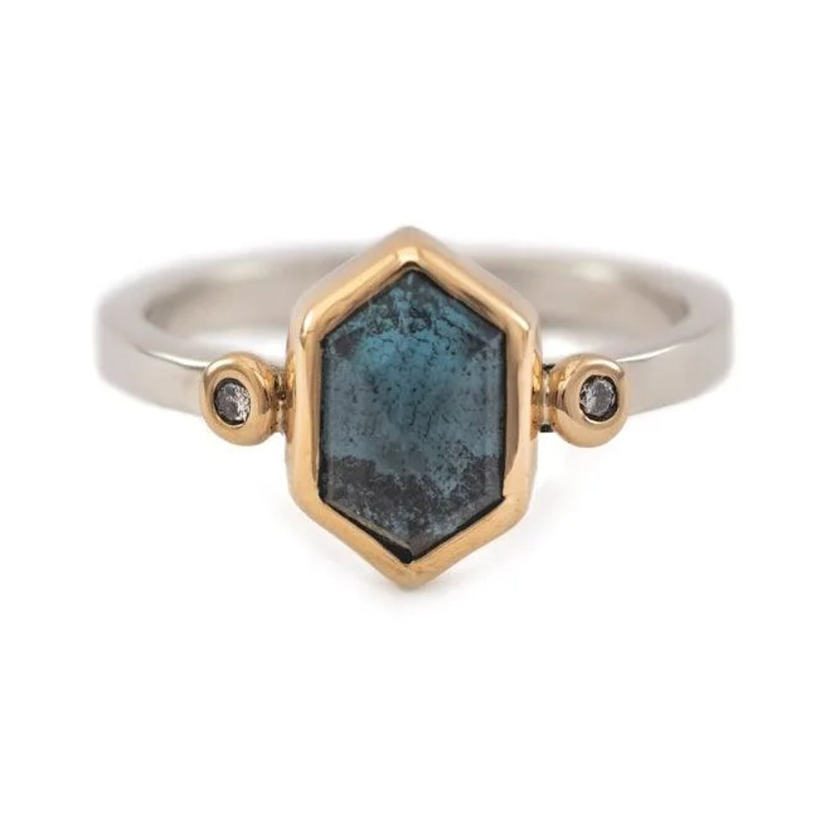Jemma ring with a hexagon London blue topaz in a 14k gold bezel on a sterling silver band
