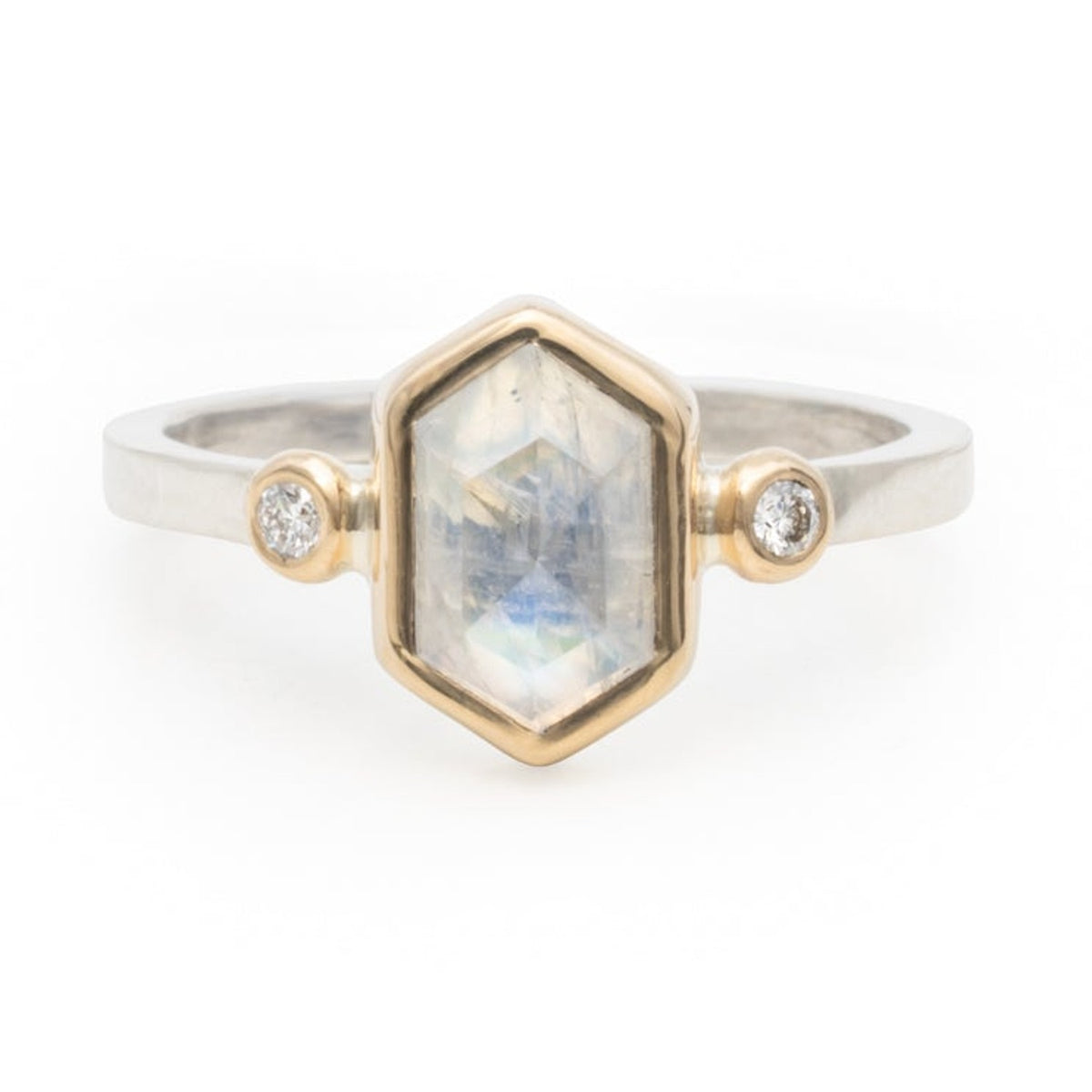 Jemma rose cut hexagon moonstone ring in 14k gold on a sterling silver band with diamond accents, front view