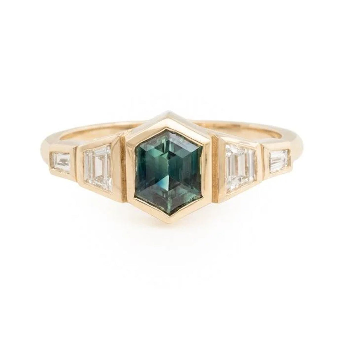 Joni hexagon sapphire ring in 14k gold with stepped diamond sides, front view