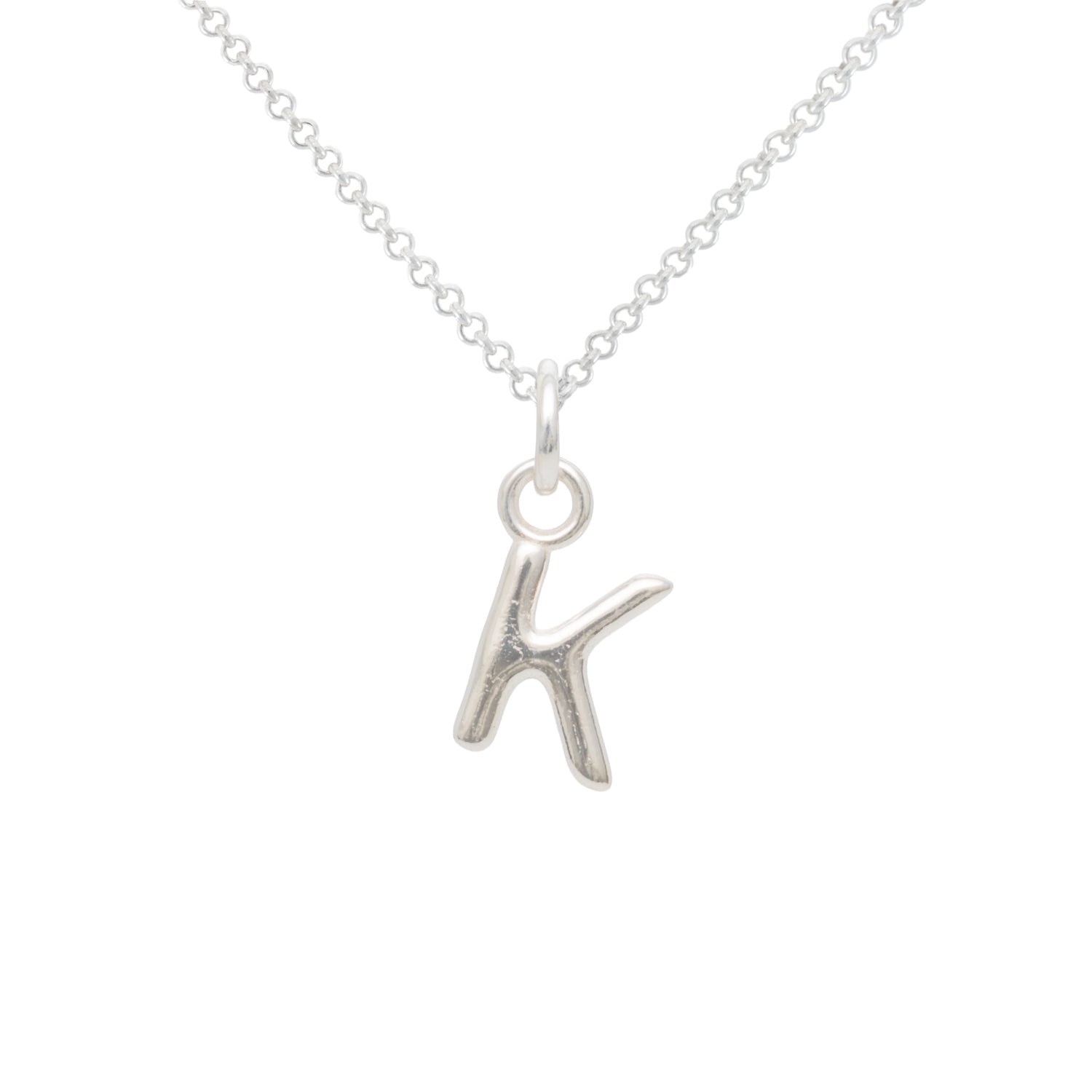 Silver necklace with a 'K' pendant on a white background