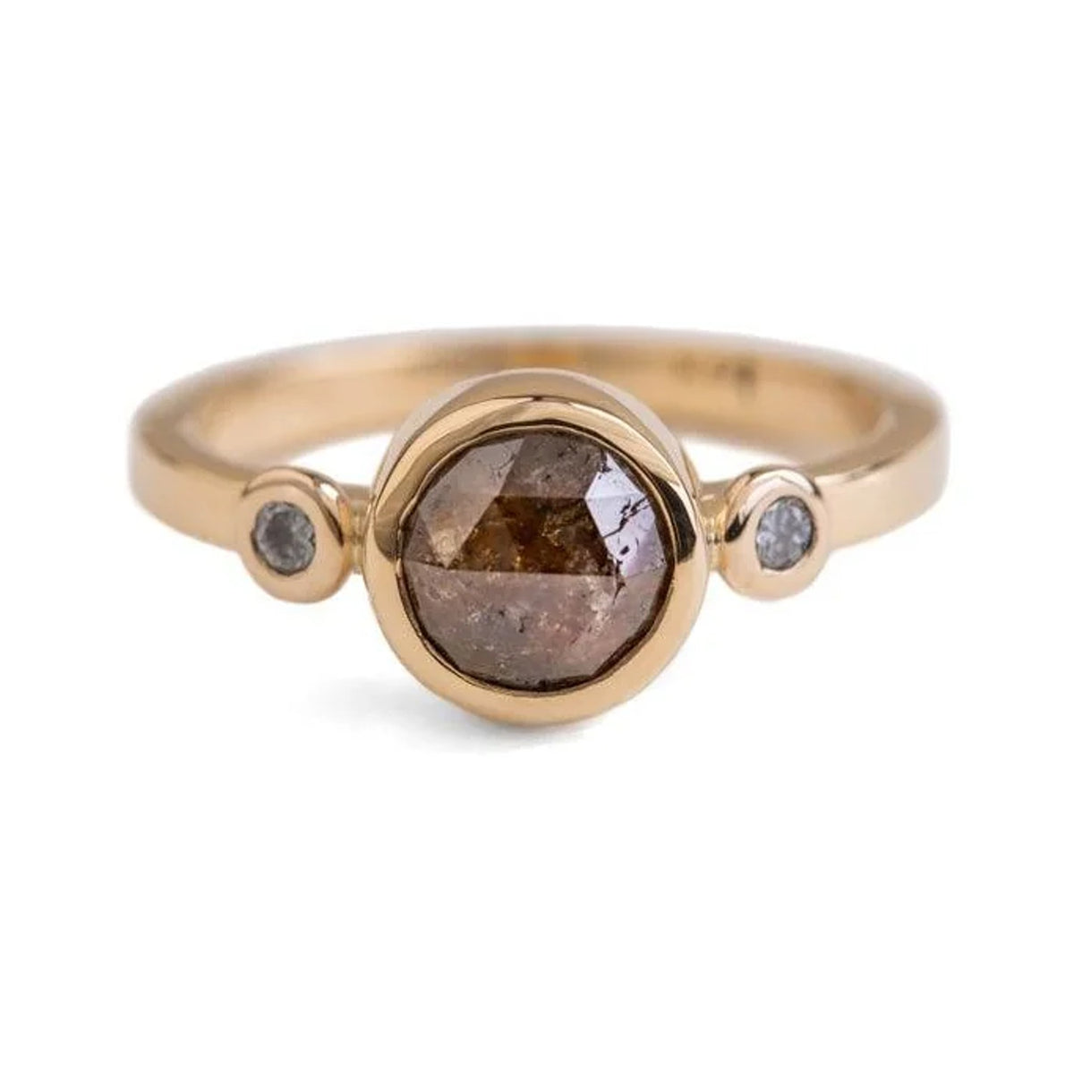 Kendra round cognac diamond ring with two small side diamonds in bezels, front view