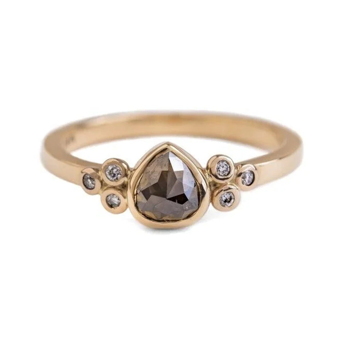 Kylee cognac diamond ring with a pear-shaped centre stone and small diamond clusters, front view
