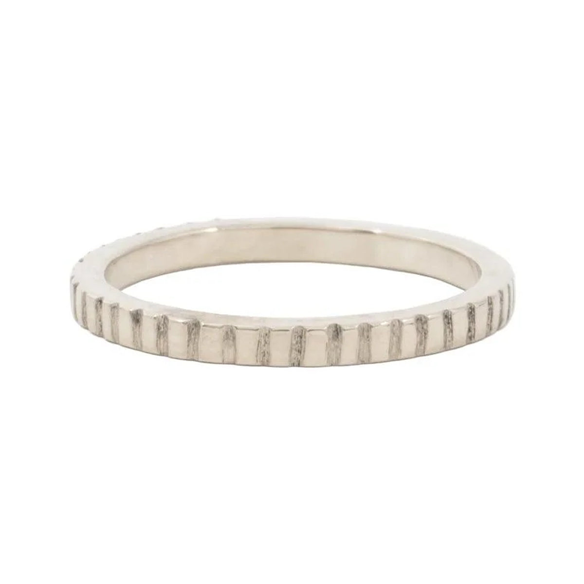 Linear 2mm sterling silver wedding band with vertical line texture, front view