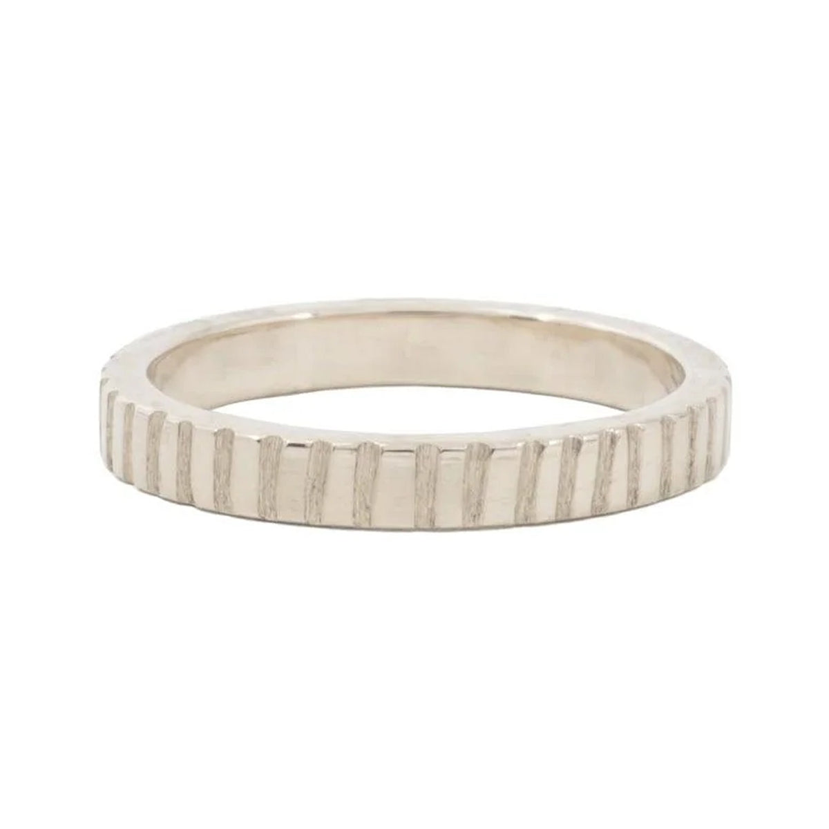 Linear 3mm sterling silver wedding band with vertical line texture, front view