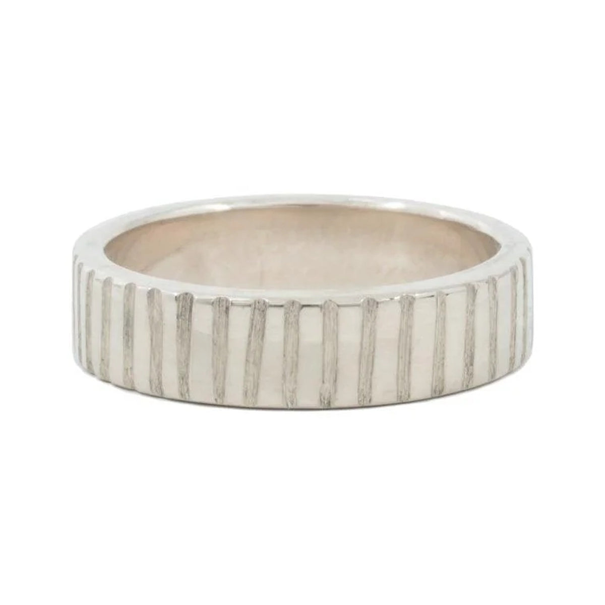 Linear 5mm sterling silver wedding band with vertical line texture, front view