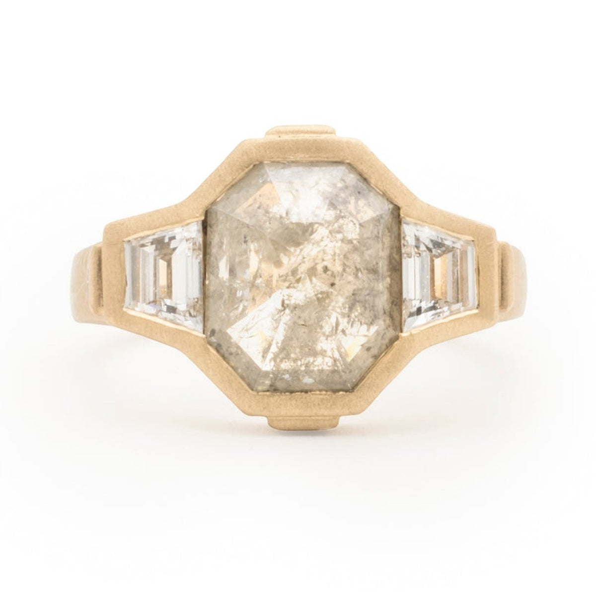Lottie custom ring with a grey hexagonal centre stone and trapezoid side stones, front view