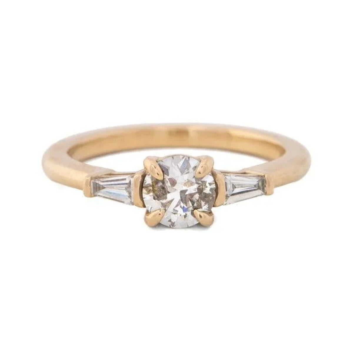 Luciana ring in 14k gold with a prong-set Old European cut diamond and tapered side diamonds, front view