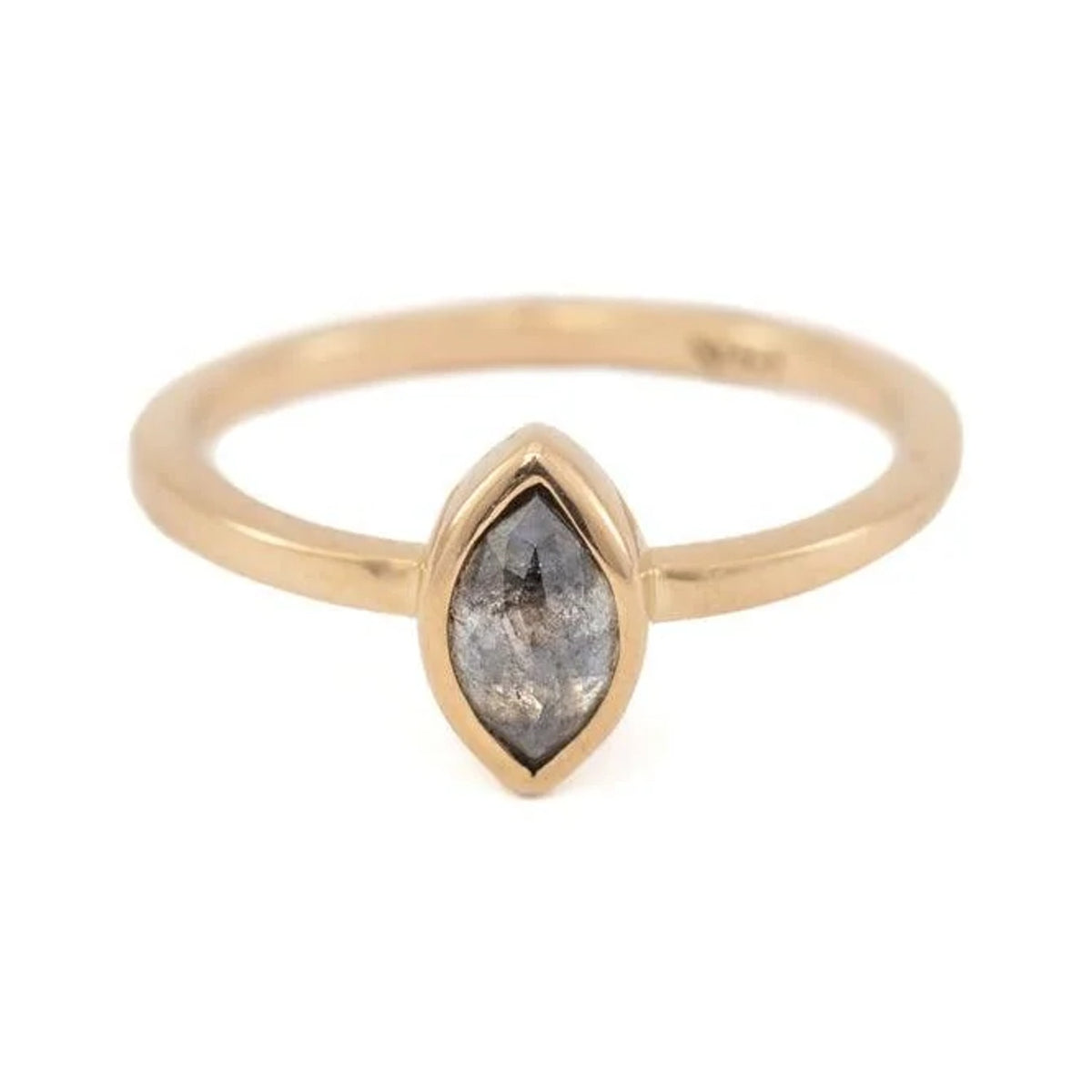 Marly custom ring with a grey marquise diamond in a gold bezel, front view