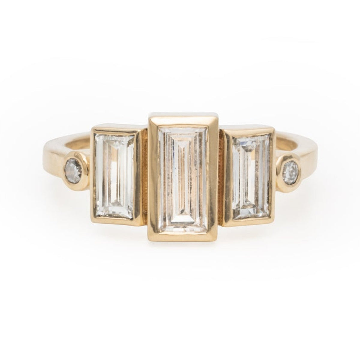 Mirabel three baguette lab diamond ring in 14k gold with round diamond accents, front view