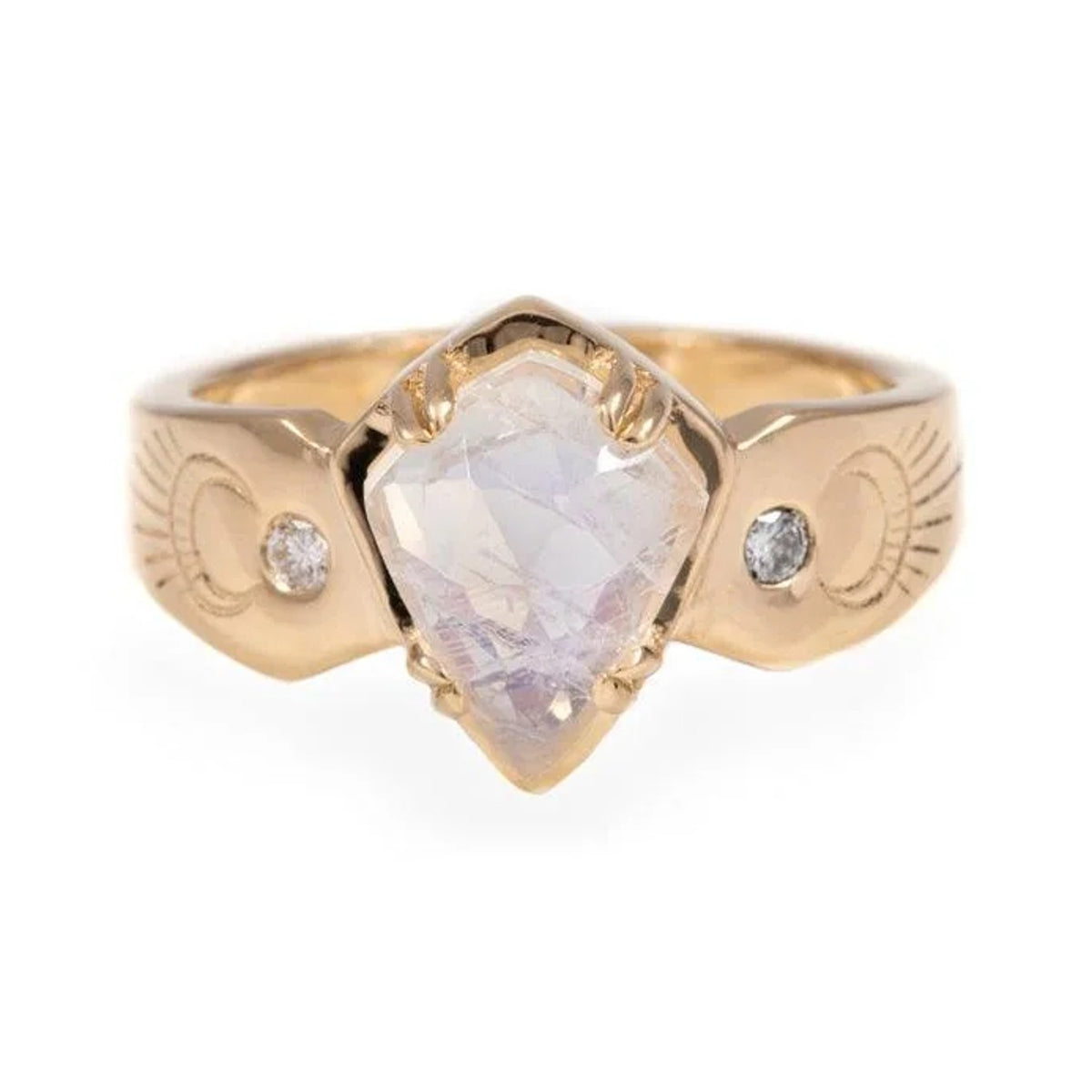 Luna ring with a kite-shaped moonstone, two small side stones and engraved crescent details on the band