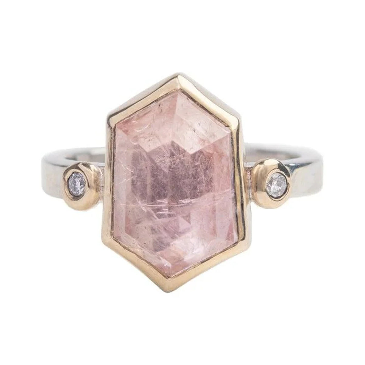 Morgana ring with a hexagon morganite in a 14k gold bezel, diamond accents and sterling silver band