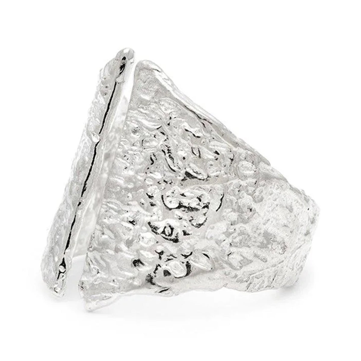 Moss Ring in sterling silver, split band with moss texture, side view