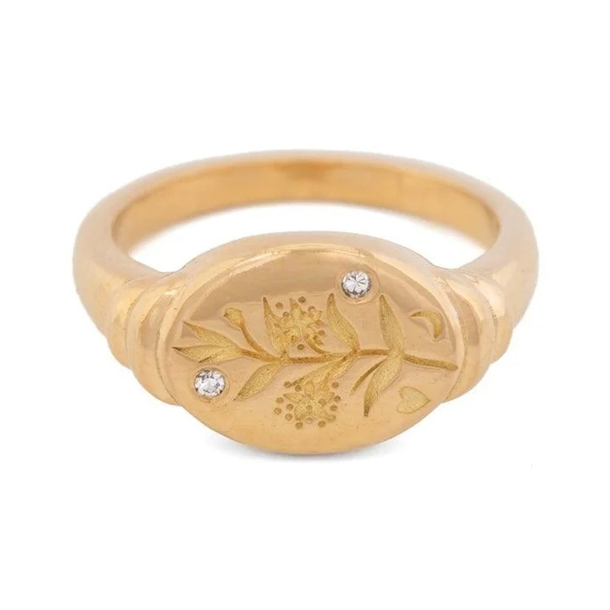 Nicole myrtle signet ring with an engraved botanical design and two small set stones, front view