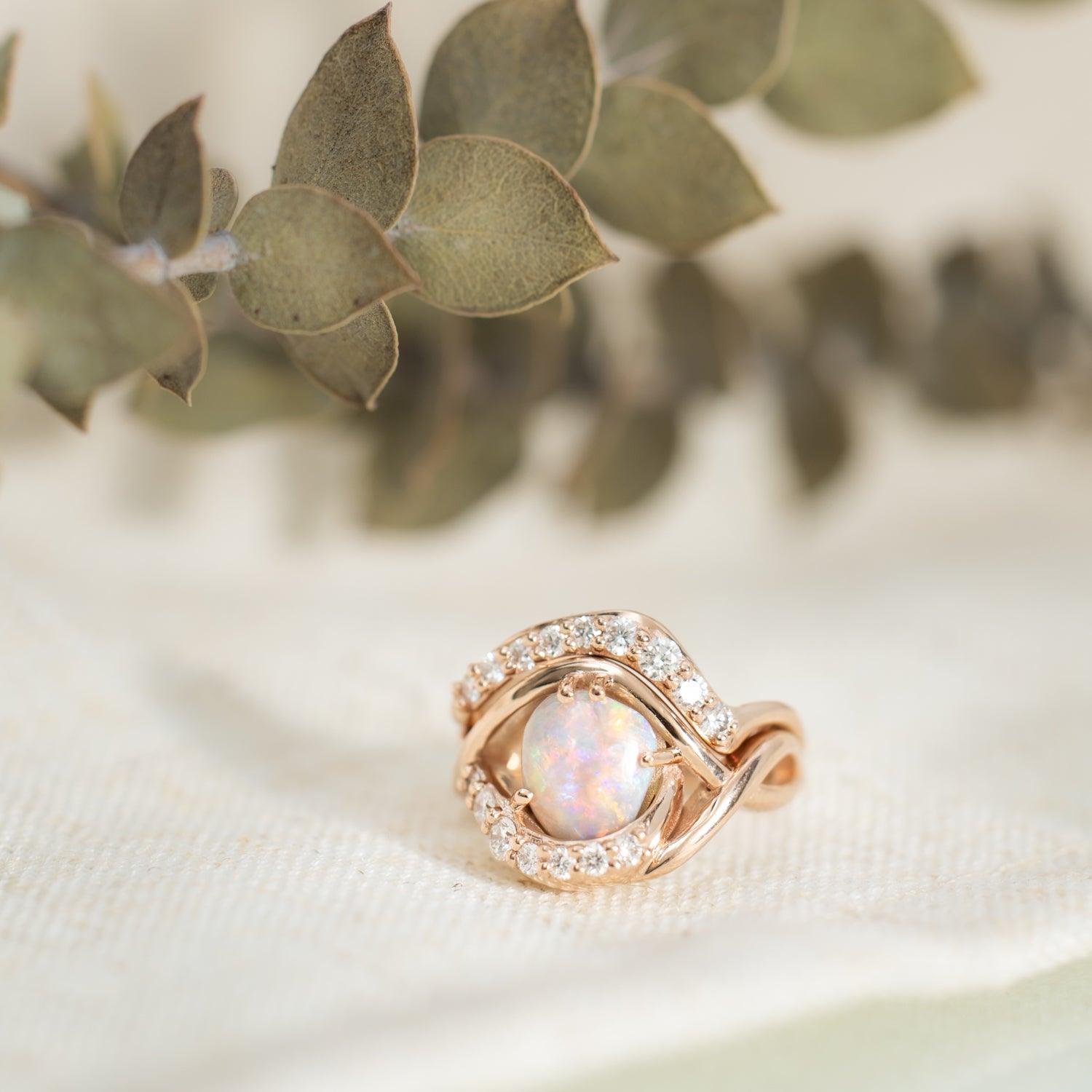 Nic Pearce - opal and diamond rose gold rings - Kat Cadegan Jewellery