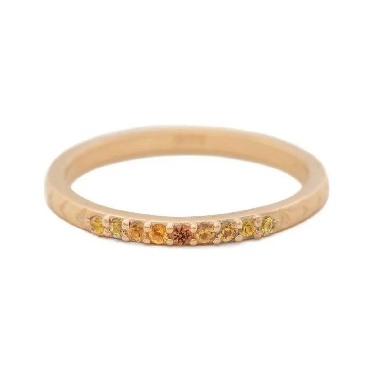 Orange Ombre Sapphire band in 14k gold with yellow to orange sapphires, front view