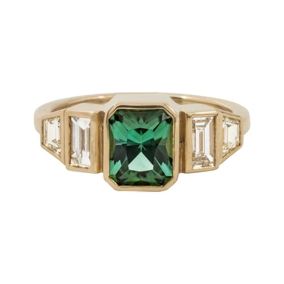 Orla radiant cut green tourmaline ring in 14k gold with stepped diamond sides, front view