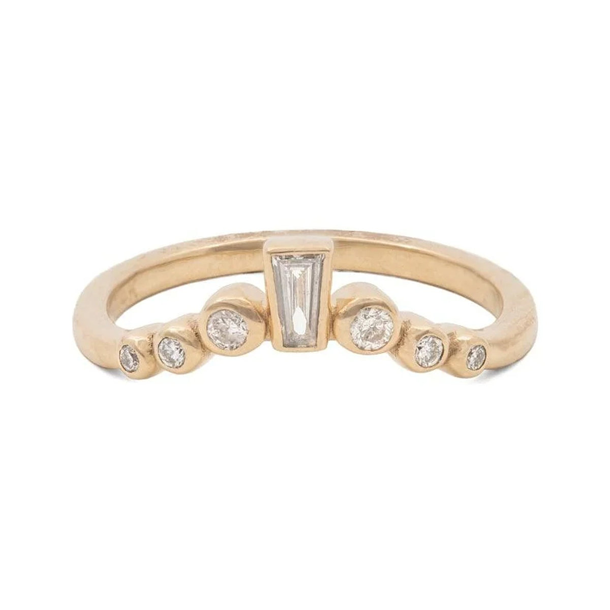 Petra curved 14k gold band with a centre diamond flanked by round bezel set diamonds