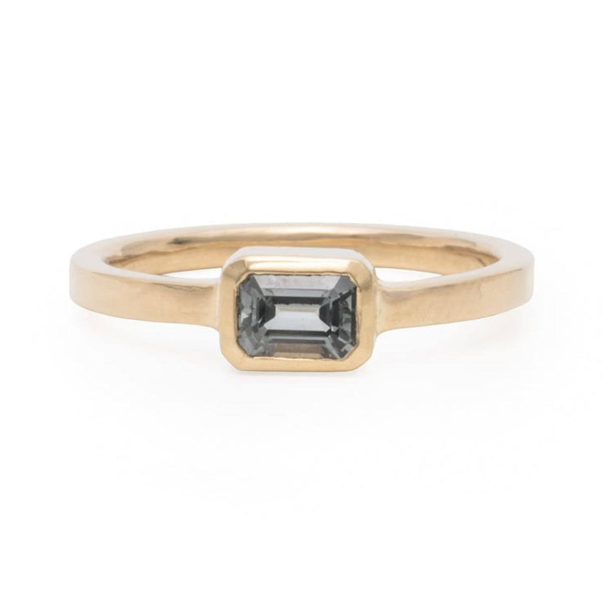 Nora emerald cut grey spinel ring in 14k gold, bezel set, front view