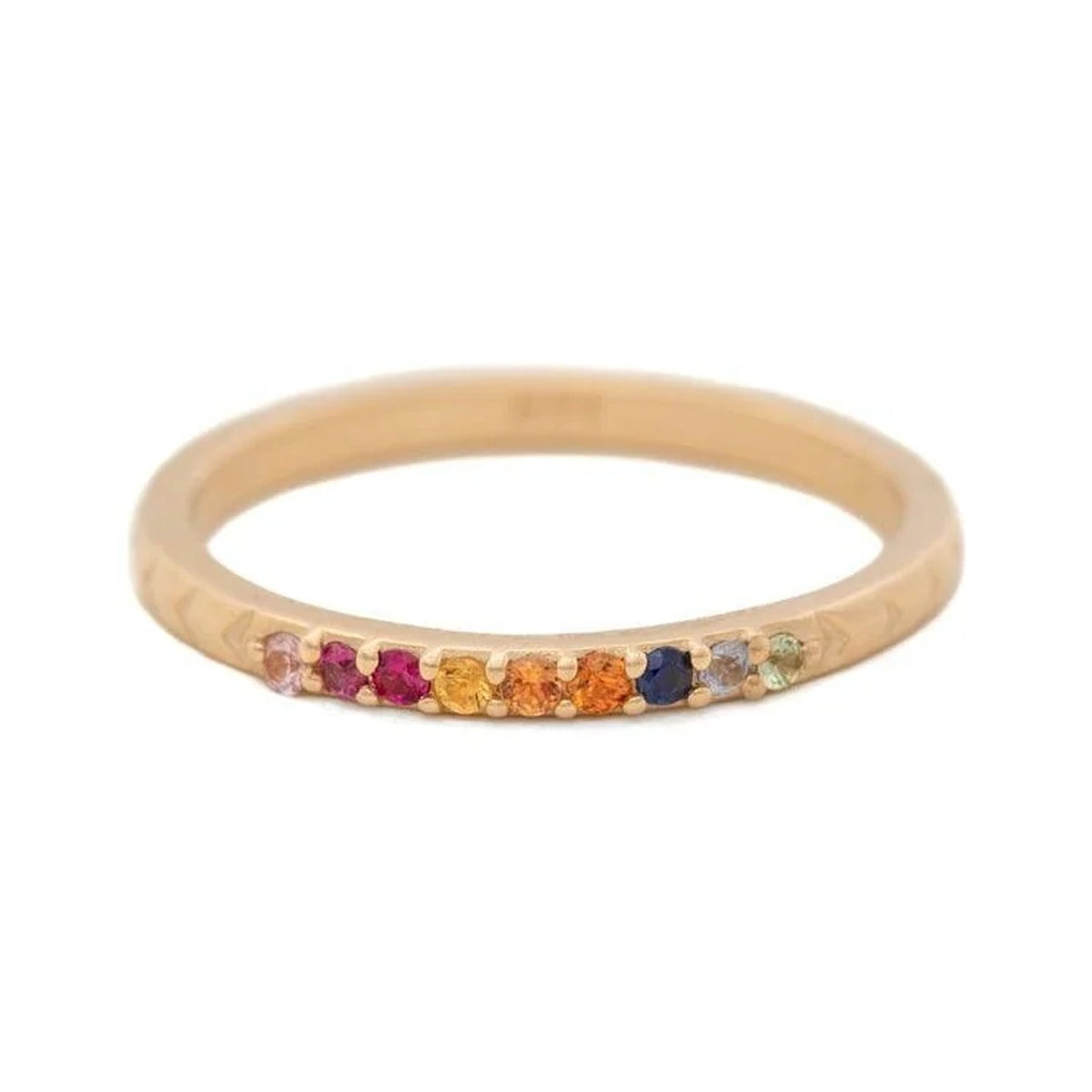 Rainbow Sapphire band in 14k gold with a row of multicoloured sapphires, front view