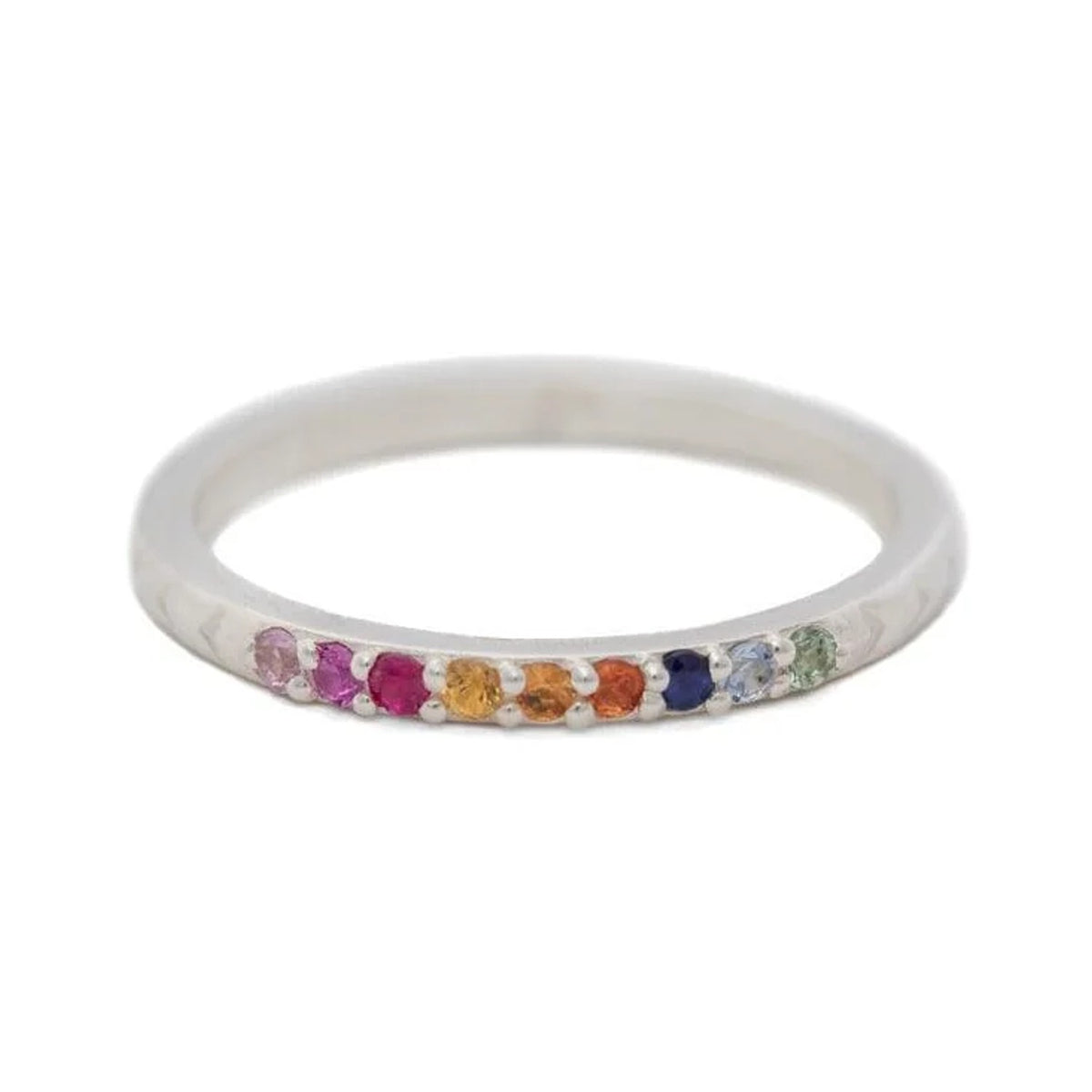 Rainbow Sapphire band in sterling silver with a row of multicoloured sapphires, front view