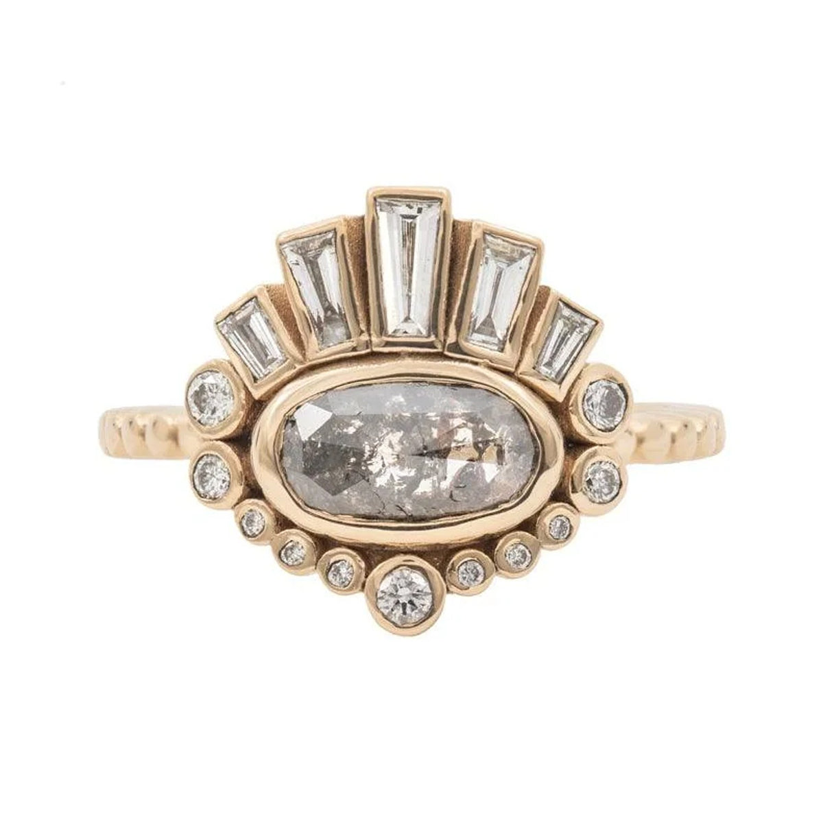 Rising Sun salt and pepper rose cut diamond ring in 14k gold with a diamond sunburst halo, front view