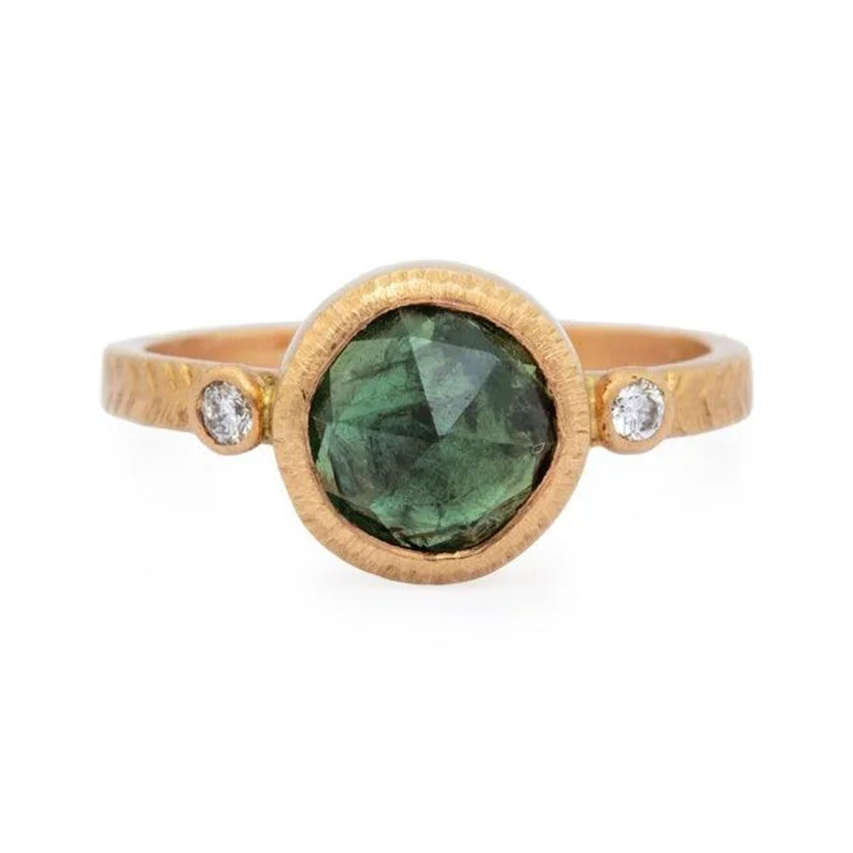 Rosie custom ring with a round rose cut green sapphire and two diamonds in textured 14k gold