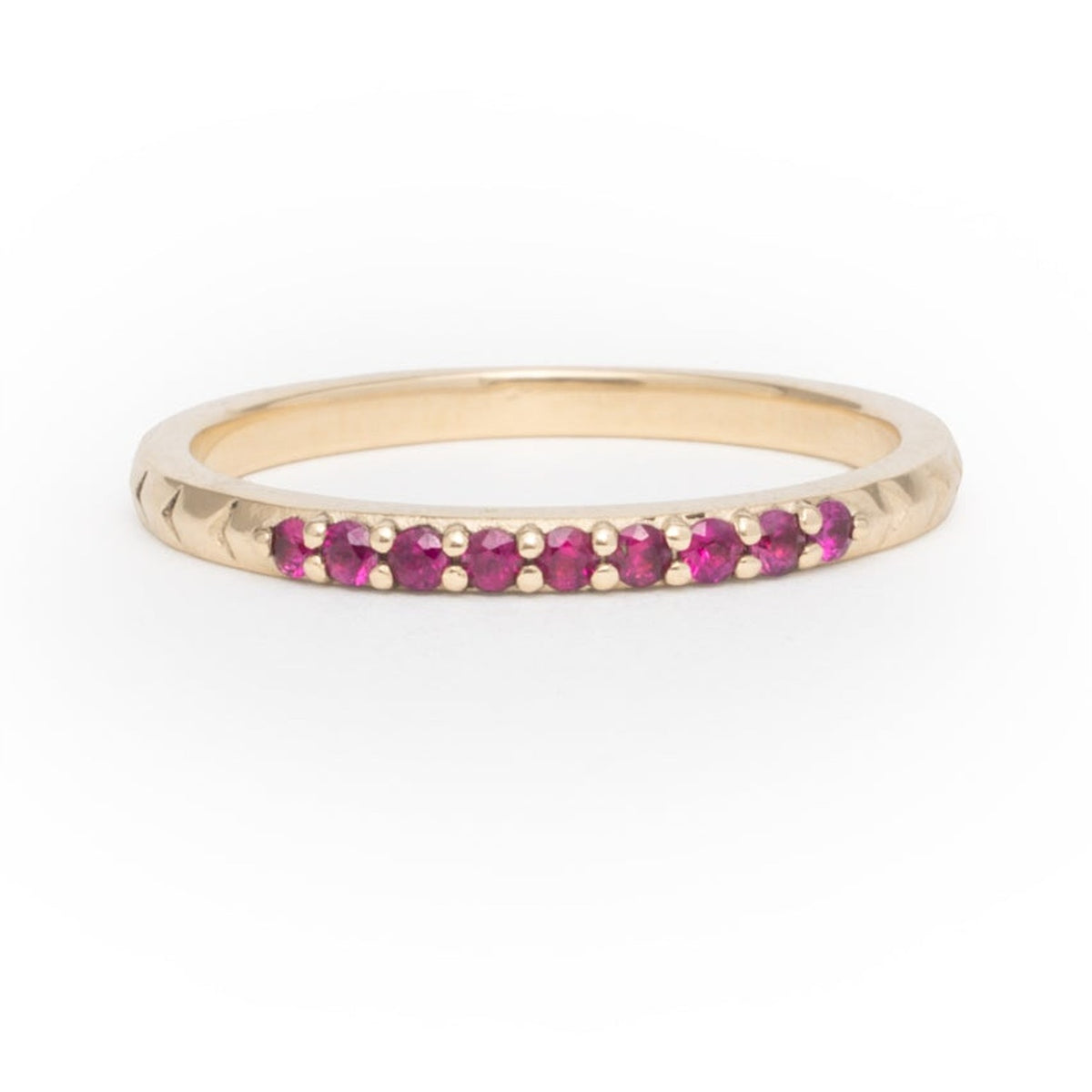 Ruby Gemstone Stacker band in 14k gold with a row of round rubies, front view