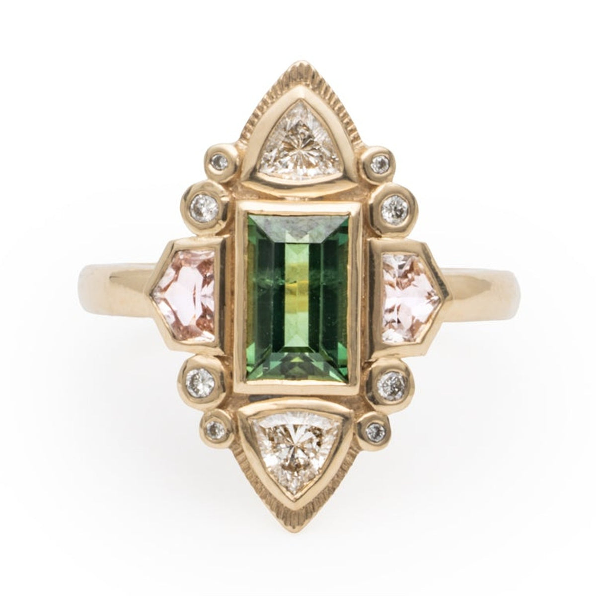 Rumi custom ring with a rectangular green centre stone framed by pink and white accent stones, front view