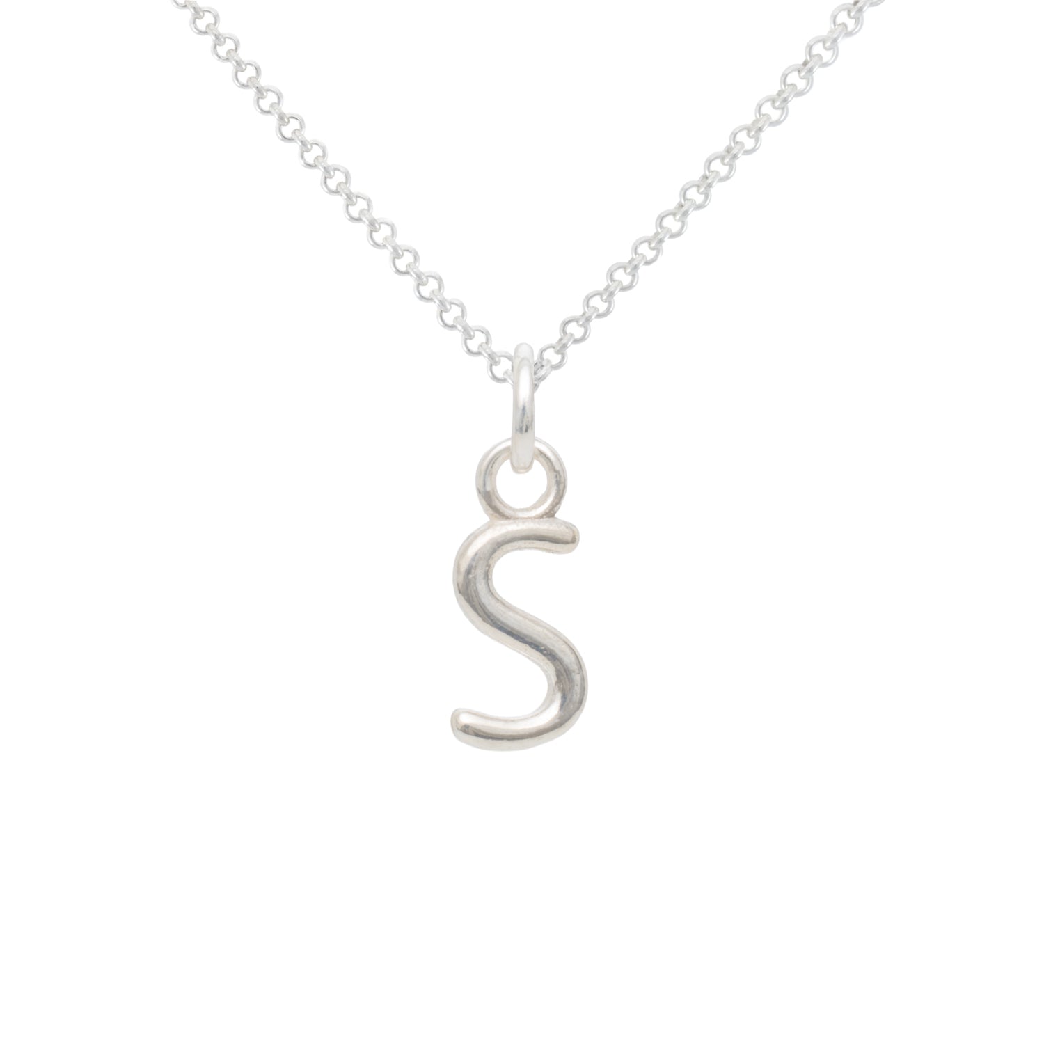 Silver necklace with a 'S' pendant on a white background