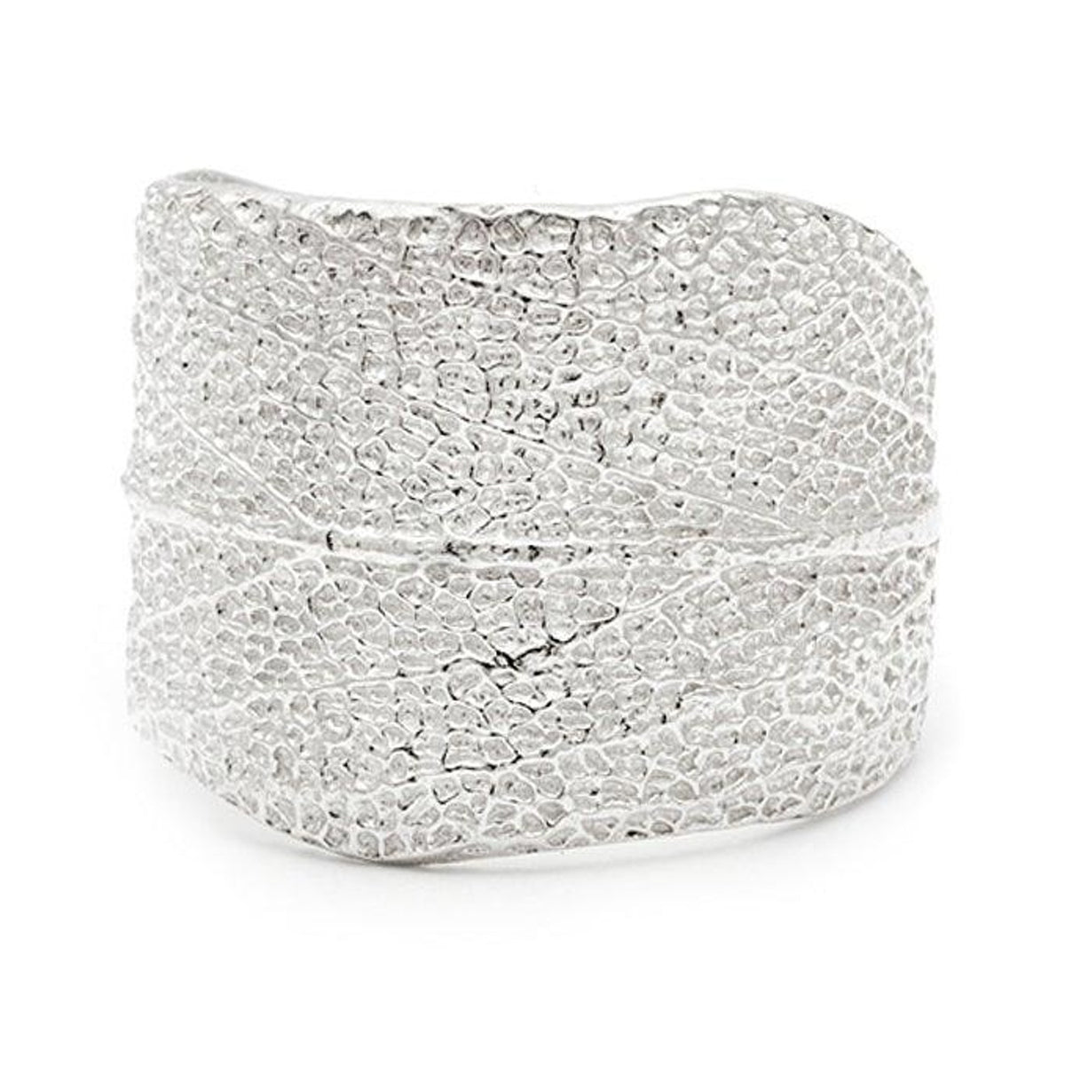 Sage leaf ring in sterling silver with textured leaf surface, front view