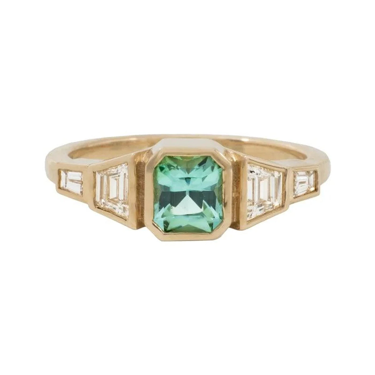 Saiorse Asscher cut green tourmaline ring in 14k gold with stepped diamond sides, front view