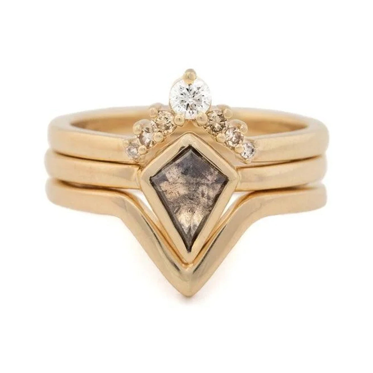 Alexa custom kite salt and pepper diamond ring with nested V-shaped gold bands, front view