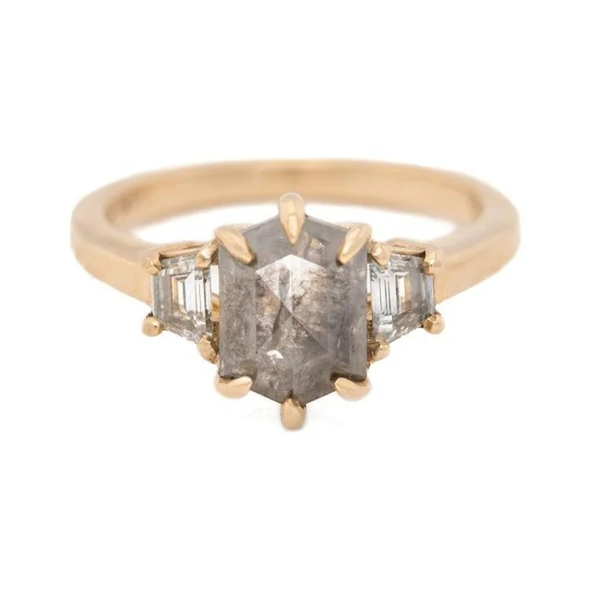 Zoe custom hexagon salt and pepper diamond ring in gold with trapezoid side stones, front view
