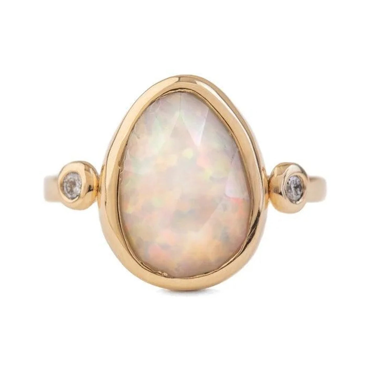 Sierra opal ring in gold with a pear-shaped opal and two small side stones, front view
