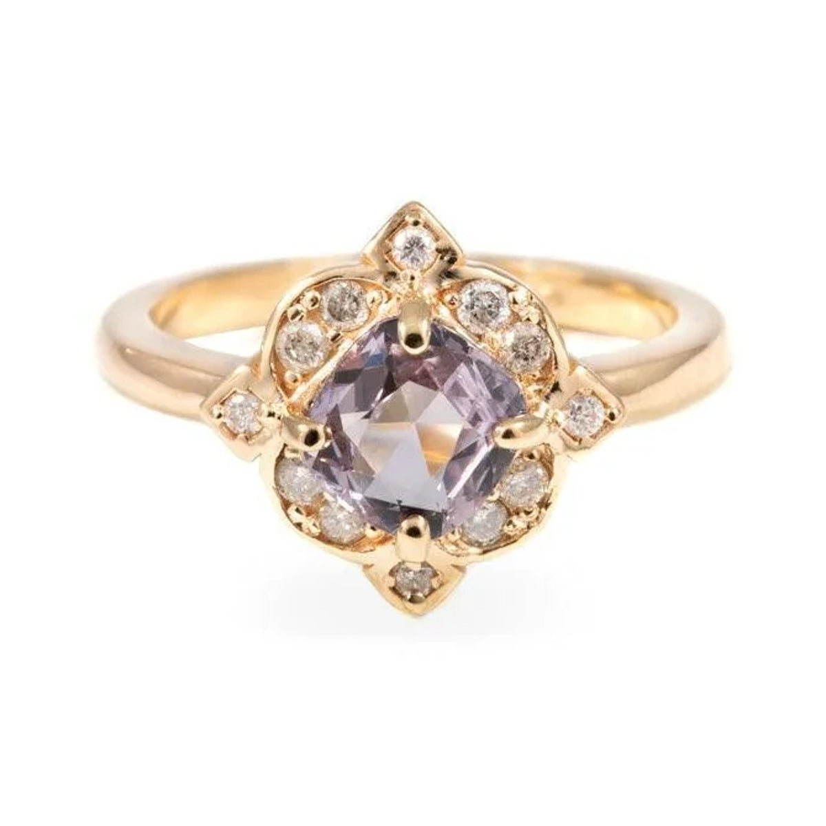 Allison lavender spinel ring with an ornate diamond halo, front view