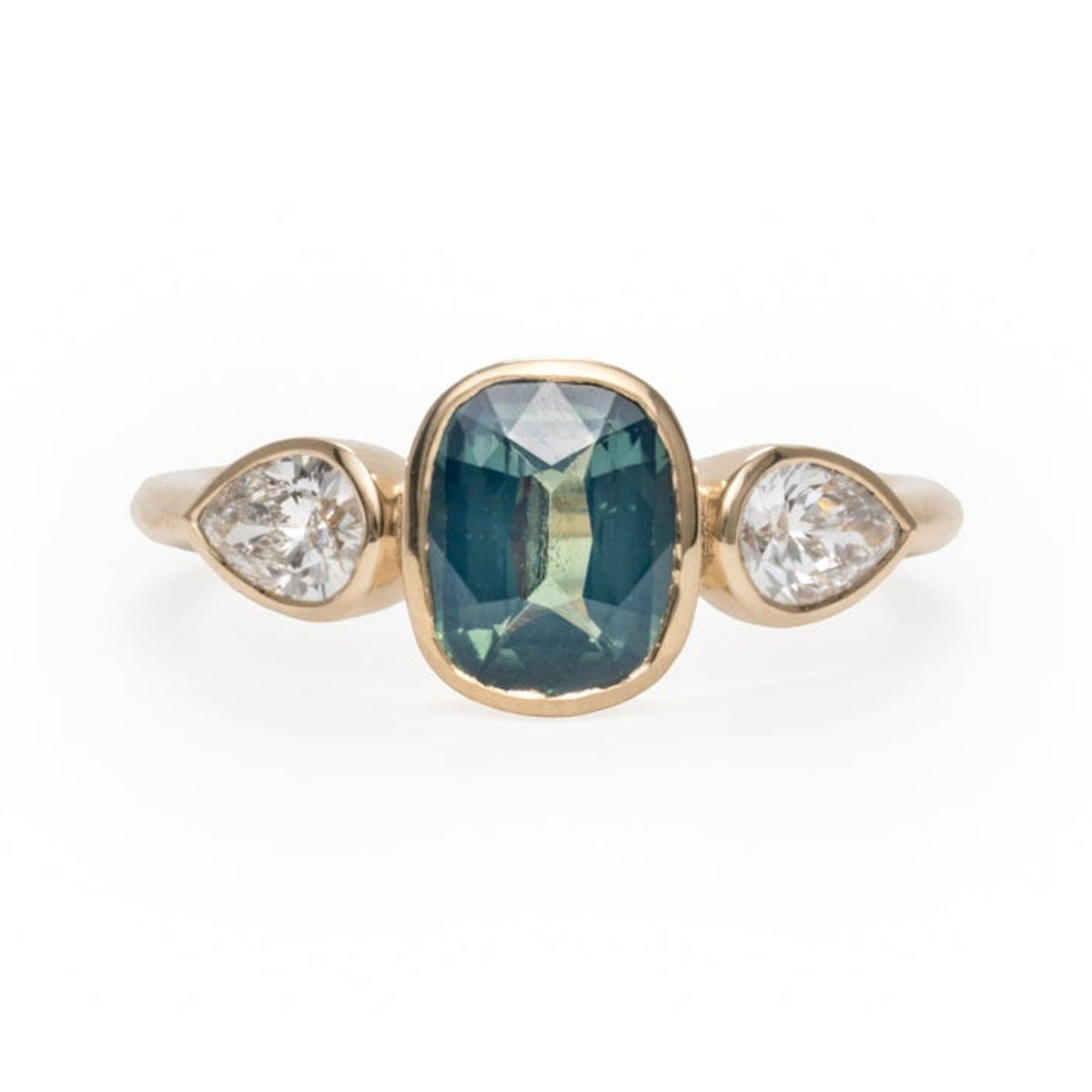 Stevie cushion sapphire ring in 14k gold with pear lab diamond accents, front view