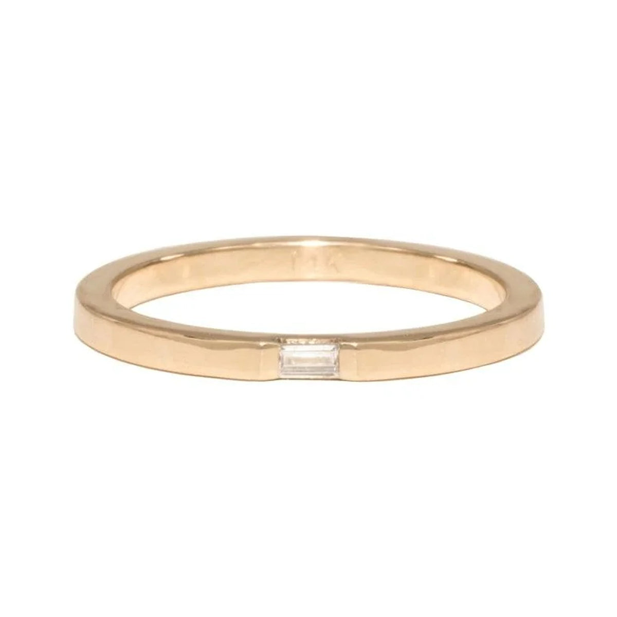 Sylvie 14k gold band with a single channel set baguette lab diamond, front view