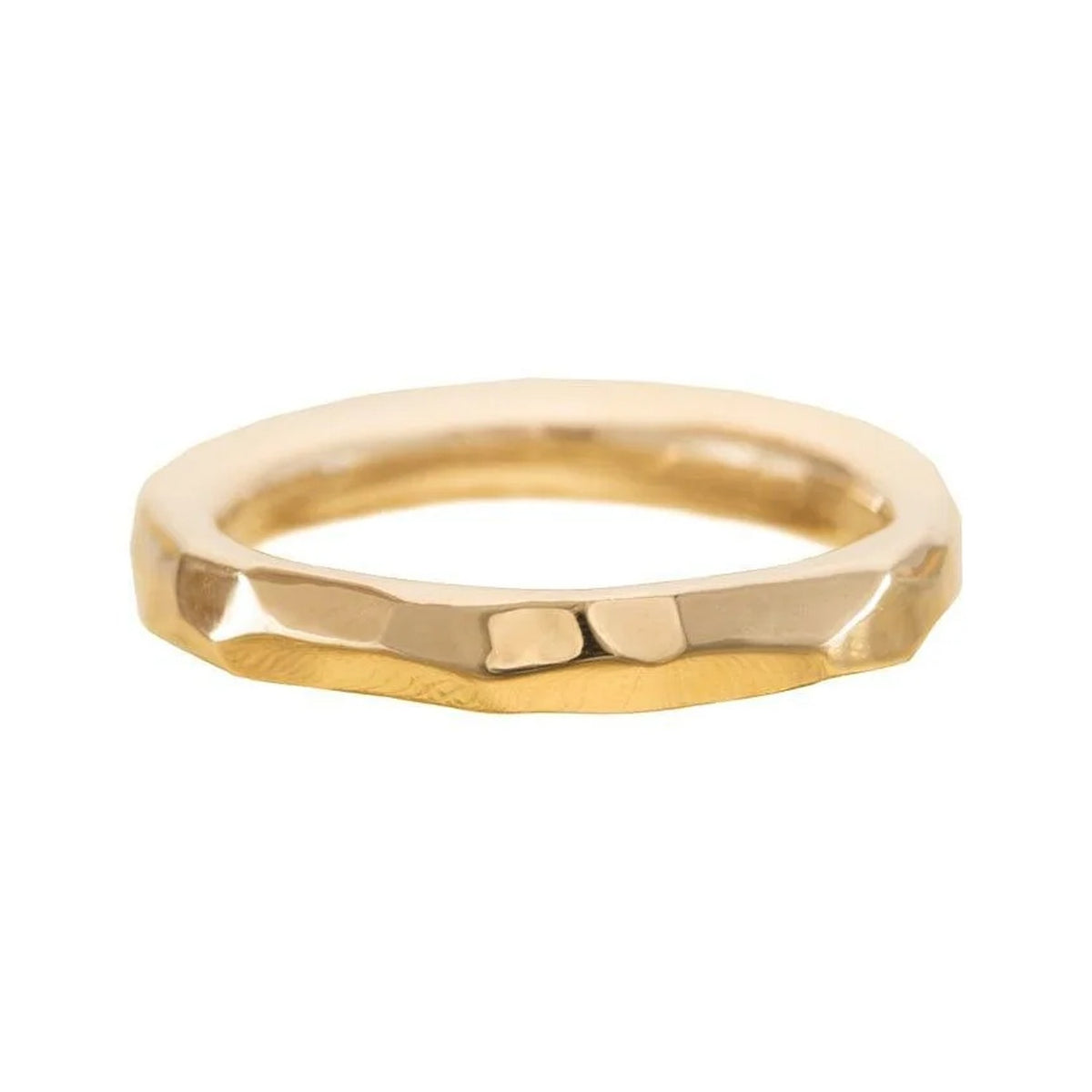 Thin Geometric band in 14k gold with a faceted high polish surface, front view