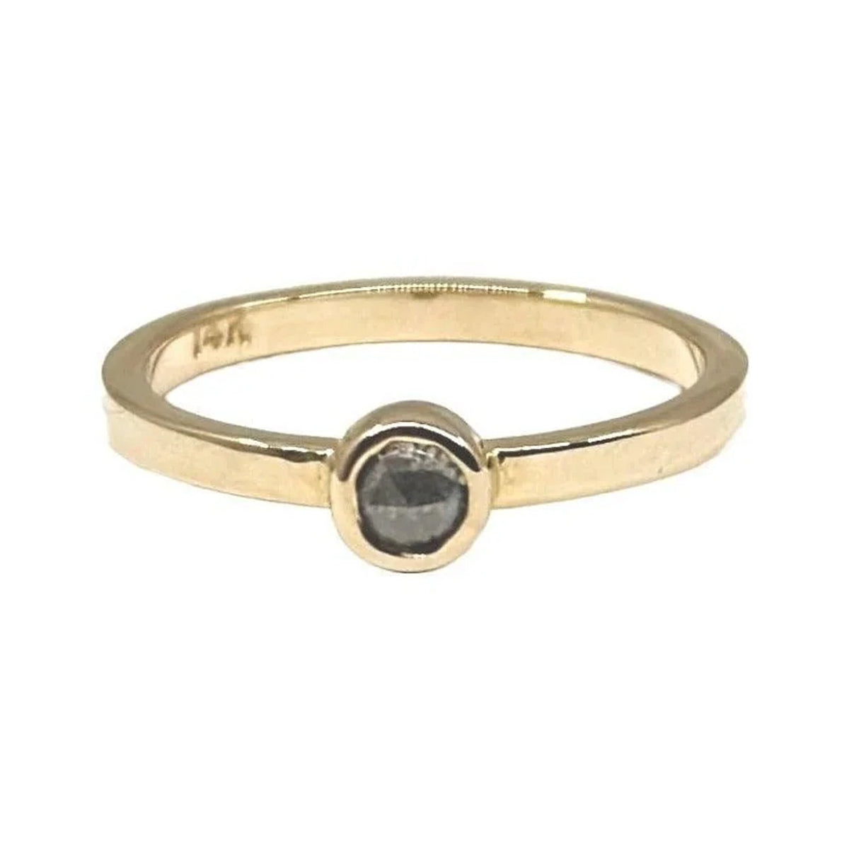 Toma round salt and pepper diamond stacking ring in 14k gold with bezel setting, front view