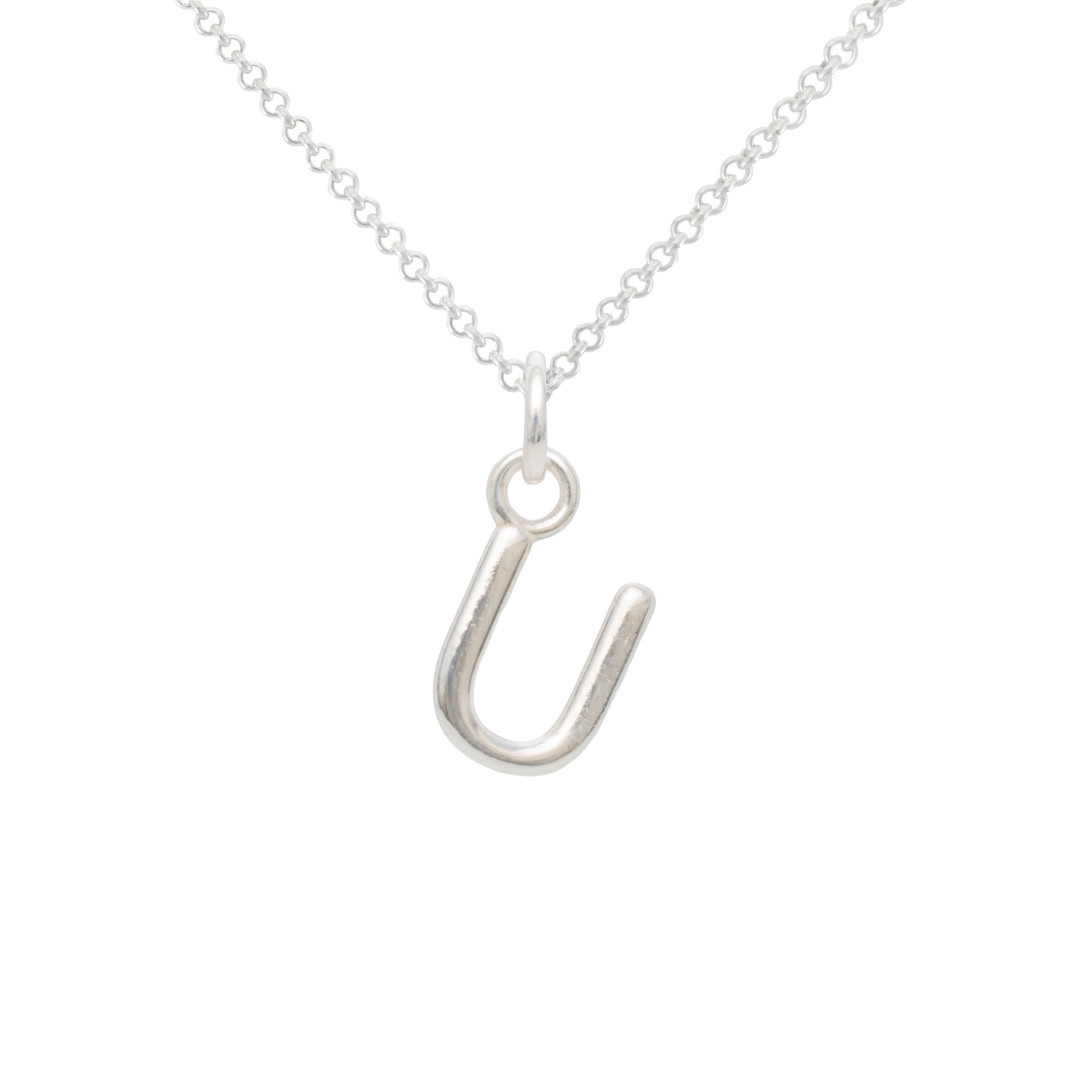 Silver necklace with a U-shaped pendant on a white background