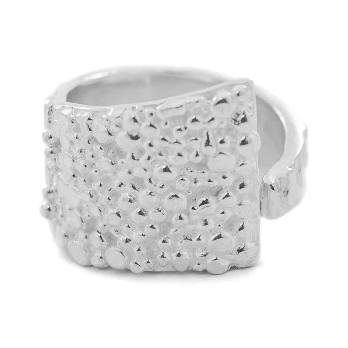Urchin Ring in sterling silver, square face covered in tiny silver orbs