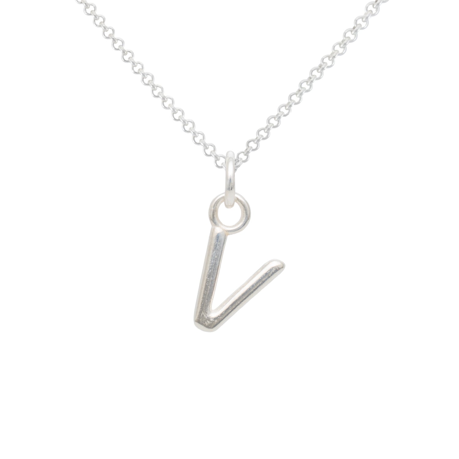 Silver necklace with a 'V' pendant on a white background