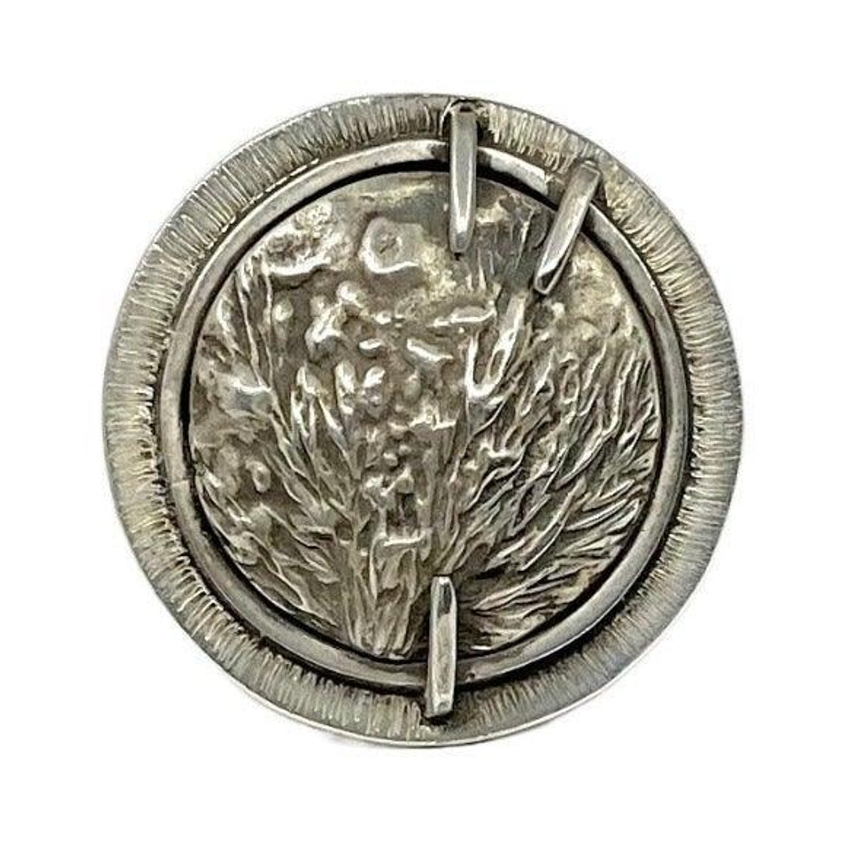 Wild Grass Shield Ring in sterling silver, round shield with wild grass texture, top view