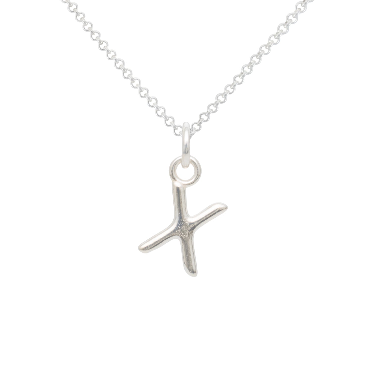 Silver 'x' pendant necklace on a white background